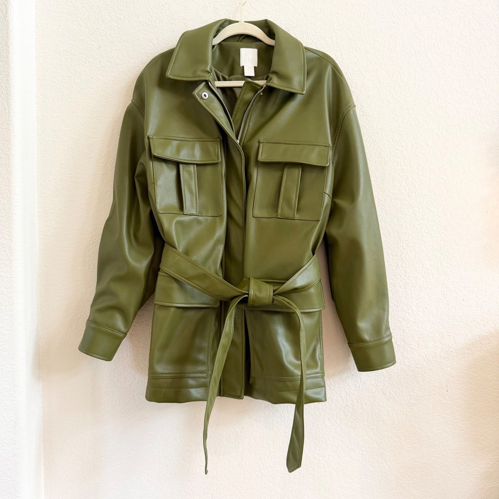 HM Womens Olive Green Faux Leather Belted Oversized Utility Jacket Large